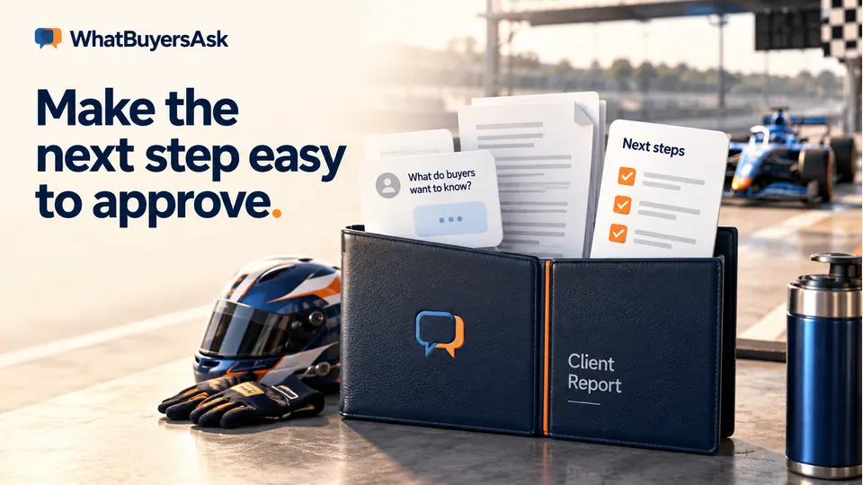 Make the next step easy to approve. A premium pit-wall report folder connects a buyer-question chat card, source documents and a short action checklist. Cobalt race car seen on track beyond. No numerical charts or fabricated metrics.