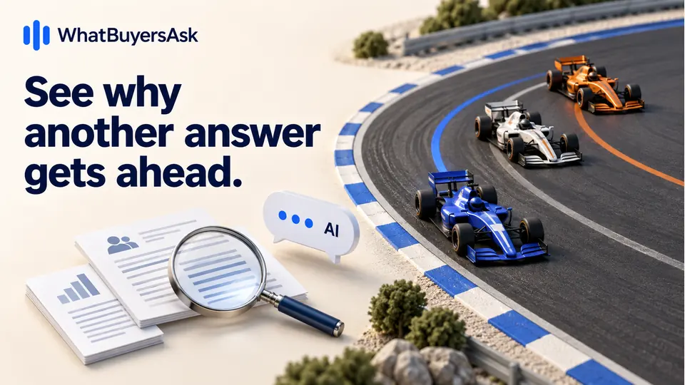 See why another answer gets ahead. Three racing cars take different lines through the same curve. A precise magnifying lens inspects source documents beside the track, with a generic AI chat bubble. No podium or guaranteed winner.
