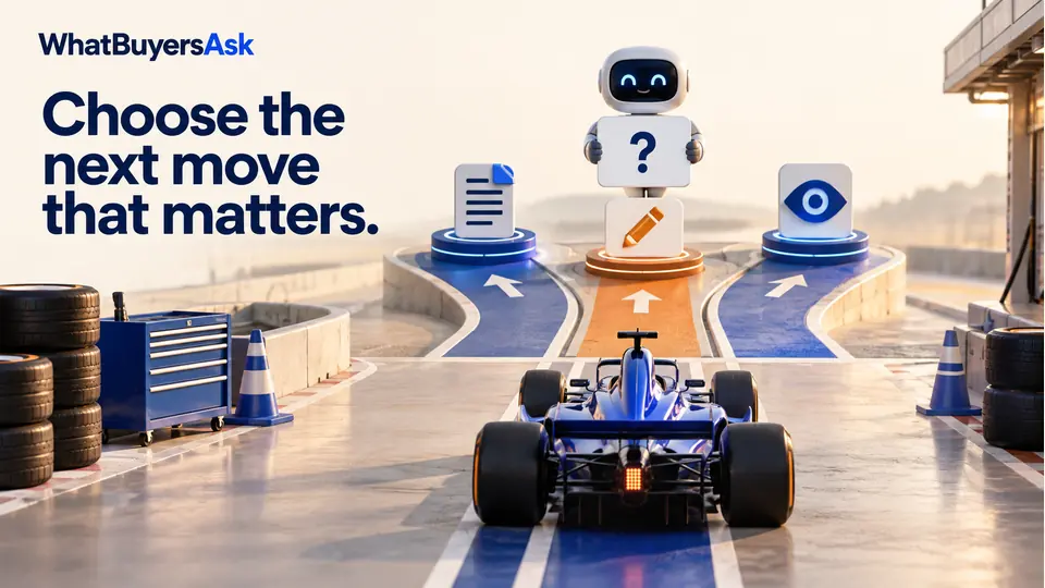 Choose the next move that matters. A cobalt race car at a sophisticated pit-lane junction with three clear symbolic paths: new document, edit pencil, observation eye. A generic chatbot holds the buyer question at the center.