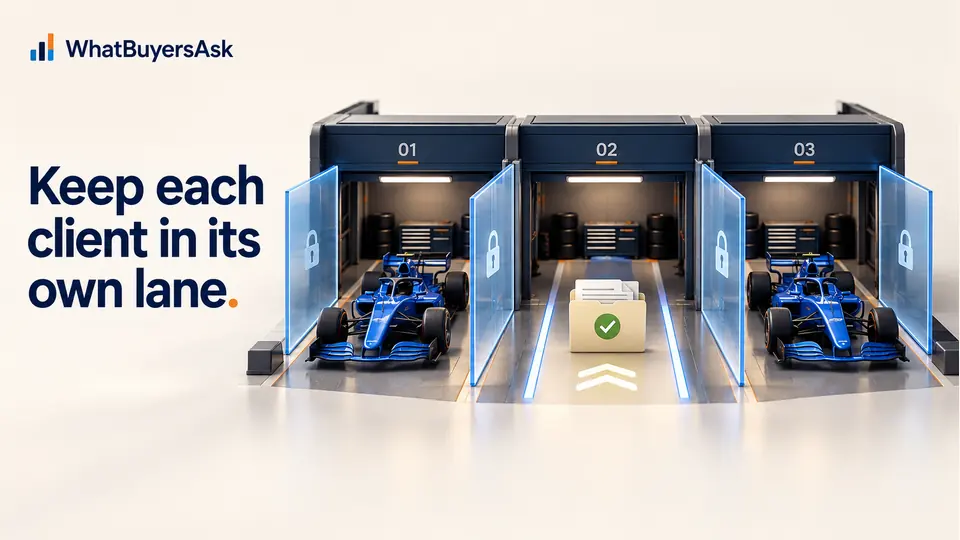 Keep each client in its own lane. Three separate elegant pit garages with cobalt race cars, translucent secure barriers and restrained lock symbols. One approved passage for a source-document folder. No certification badge or promise of absolute security.