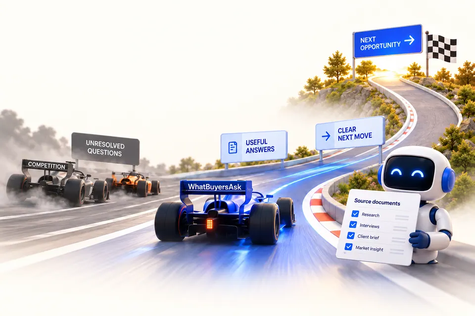 Racing and AI research illustration for Use WhatBuyersAsk to grow the relationship