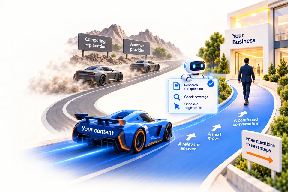 Racing and AI research illustration for Buyers ask. Someone becomes the answer