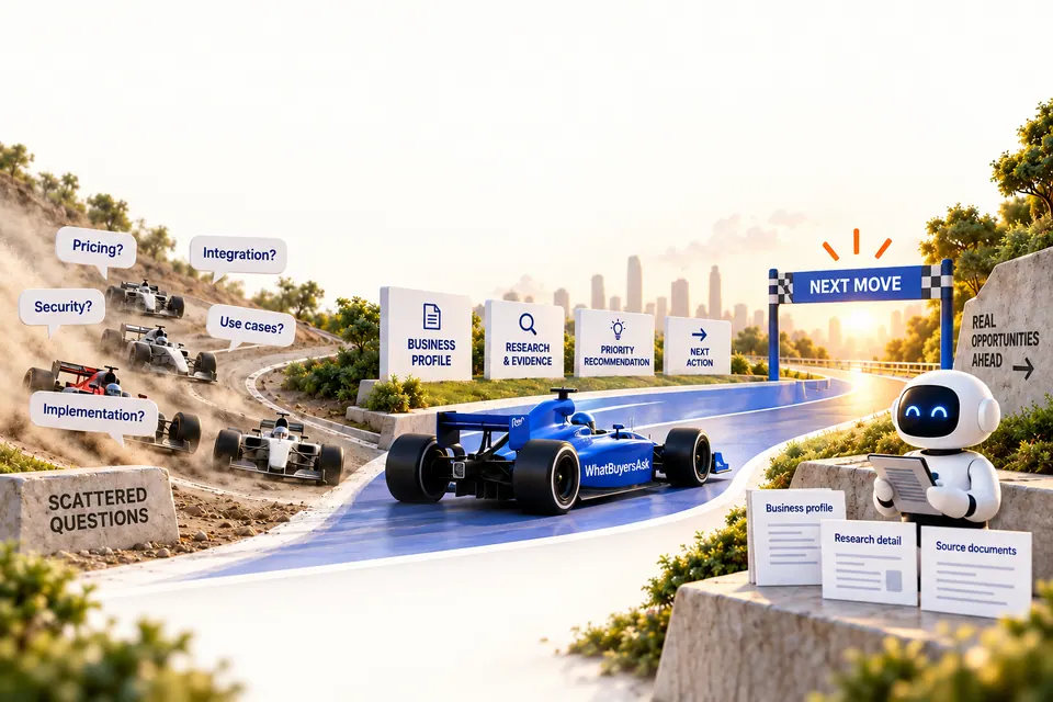 Racing and AI research illustration for From buyer ask to business opportunity
