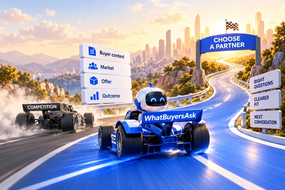 Racing and AI research illustration for Buyer asks grounded in client context