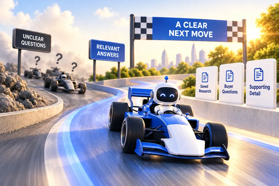 Racing and AI research illustration for Research what buyers ask