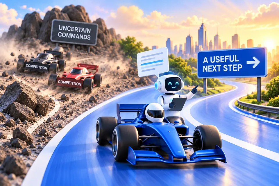 Racing and AI research illustration for One command. A useful next step