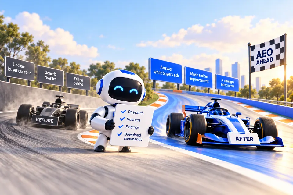 Racing and AI research illustration for Give your agent the evidence to improve AEO