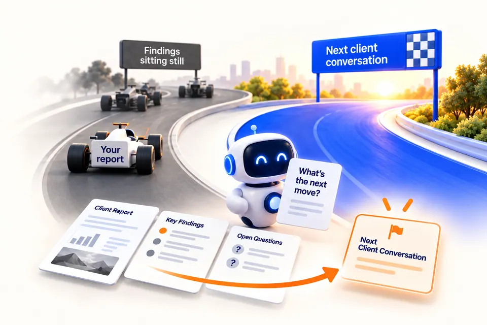 Racing and AI research illustration for Turn one report into the next client conversation