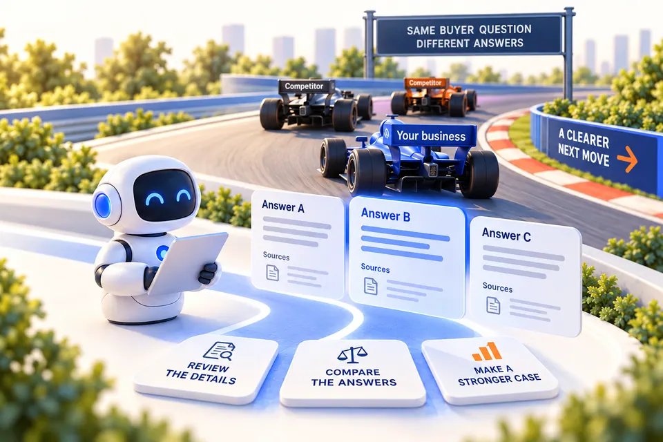 Racing and AI research illustration for Compare answers, not just domains