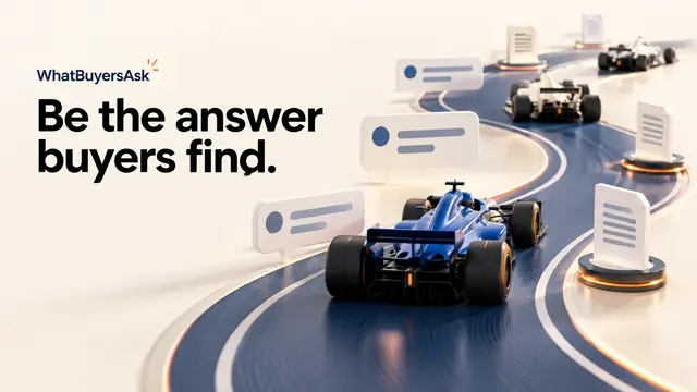 A cobalt racing car follows buyer chatbot questions and source-document checkpoints. Be the answer buyers find.